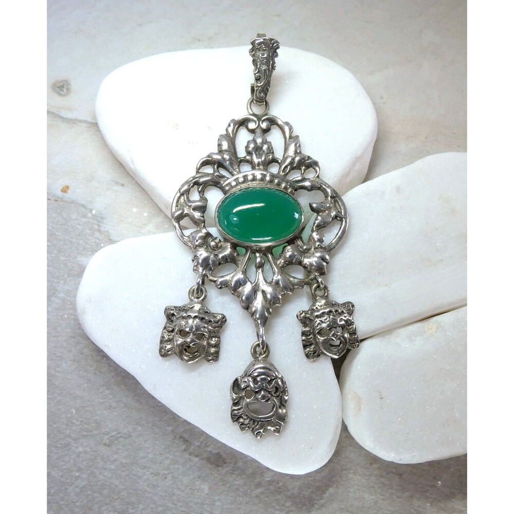 Ornate Peruzzi 800 Silver Pendant Chrysoprase Gemstone Theater Masks